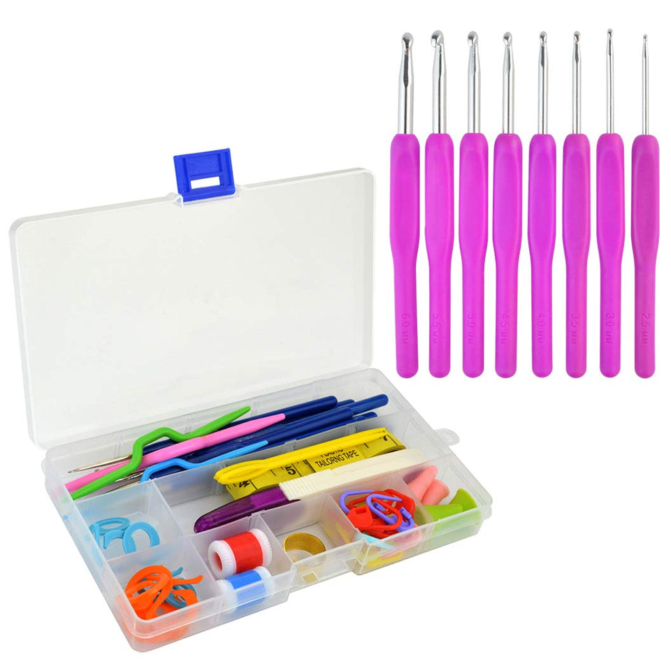 55 paquetes de ganchillo Kniting Sets, Bantoye Ganchillo Gancho de aluminio Agujas Costura accesorios de ganchillo con estuche para tejido de lana de hilo de coser, color surtido