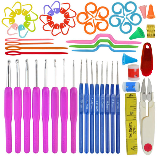 55 paquetes de ganchillo Kniting Sets, Bantoye Ganchillo Gancho de aluminio Agujas Costura accesorios de ganchillo con estuche para tejido de lana de hilo de coser, color surtido