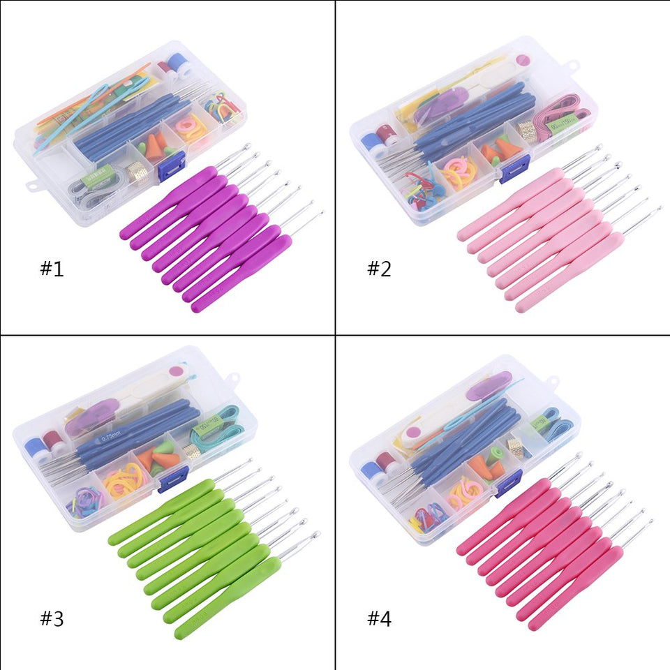 52 PCS 16 Tamaño Ganchos de Ganchillo Agujas de Tejer Crochet Puntos de Sutura Fijado en Caja de Plástico, Púrpura/Rosa / Verde/Atractivo (Color : Púrpura)
