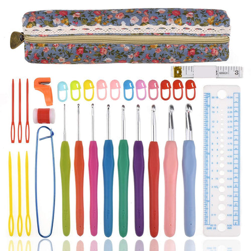 Kit de Crochet Ganchos Ergonómicos y Suaves | Neddle Hooks | Set Completo de Accesorios con estuche lapicera de Regalo | Agujas Tejido de Estambre Principiantes | 32pcs | Enchanted Yarn