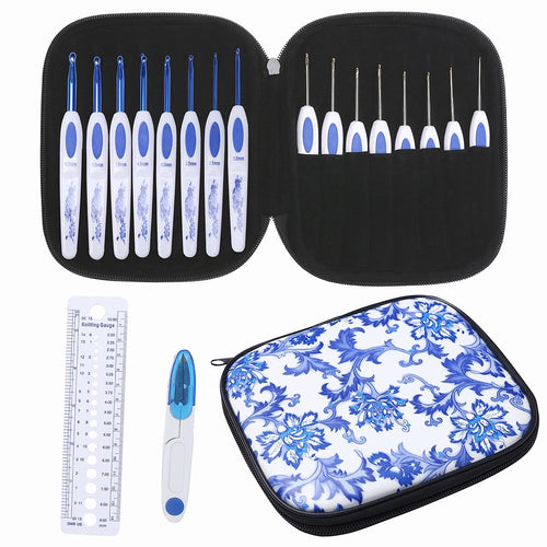 lfbest 16 pcs ganchos de Crochet ergonómico, mango antideslizante, agujas de tejer, Kits de ganchillo con azul y blanco porcelana funda, con portátil tijeras, regla para medir la calibre