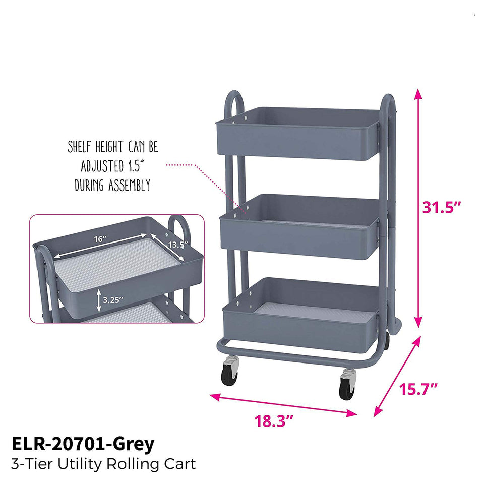 ECR4Kids Carrito de herramientas con ruedas de metal de 3 ó 4 niveles, organizador de almacenamiento móvil resistente, gris, Cart (3-Tier)