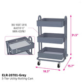 ECR4Kids Carrito de herramientas con ruedas de metal de 3 ó 4 niveles, organizador de almacenamiento móvil resistente, gris, Cart (3-Tier)
