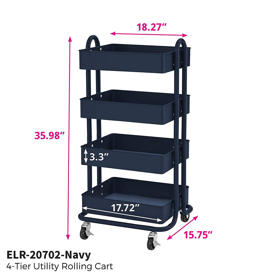 ECR4Kids Carrito de herramientas con ruedas de metal de 3 ó 4 niveles, organizador de almacenamiento móvil resistente, Marino, Cart (4-Tier)