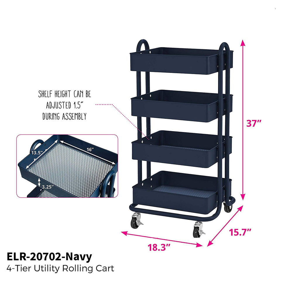ECR4Kids Carrito de herramientas con ruedas de metal de 3 ó 4 niveles, organizador de almacenamiento móvil resistente, Marino, Cart (4-Tier)