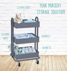 ECR4Kids Carrito de herramientas con ruedas de metal de 3 ó 4 niveles, organizador de almacenamiento móvil resistente, gris, Cart (3-Tier)